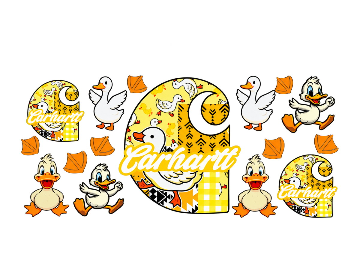Yellow duck patchwork UV DTF cup wrap transfer — complete horizontal artwork