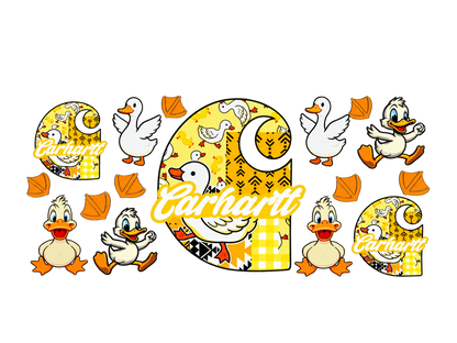 Yellow duck patchwork UV DTF cup wrap transfer — complete horizontal artwork