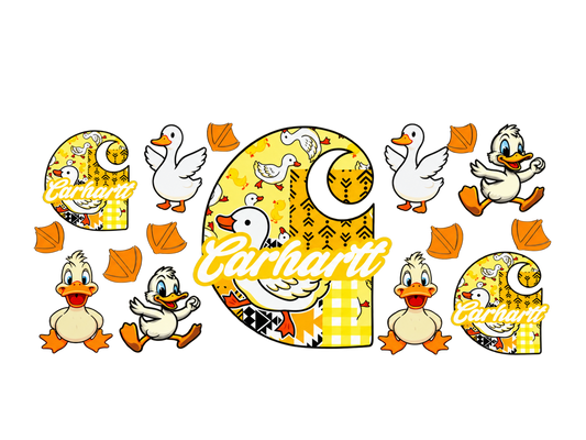 Yellow duck patchwork UV DTF cup wrap transfer — complete horizontal artwork