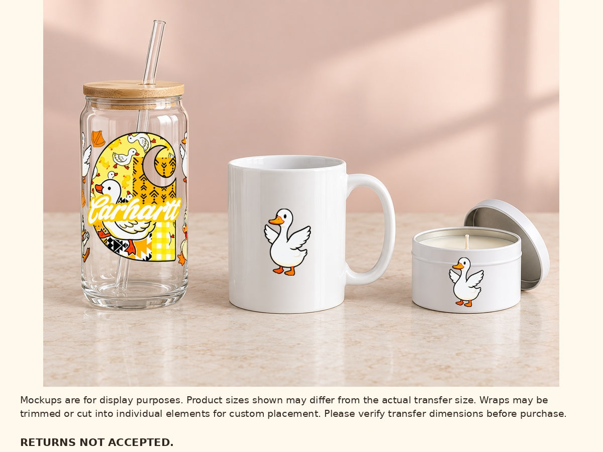 Yellow duck wrap on glass can cup and optional cut-apart duck on mug and candle tin