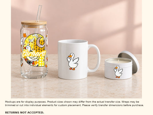 Yellow duck wrap on glass can cup and optional cut-apart duck on mug and candle tin