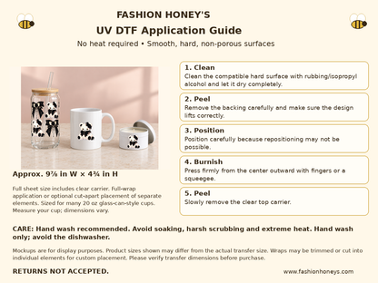 Fashion Honey's UV DTF no-heat application guide; full carrier 9⅞ × 4¾ inches
