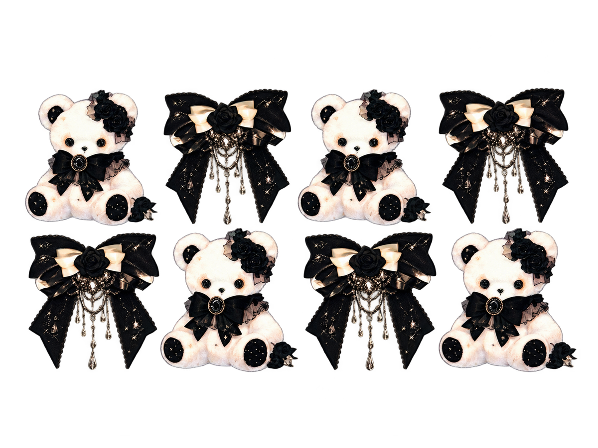 Ivory teddy bears and ornate black lace bows — complete UV DTF cup wrap