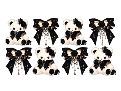 Ivory teddy bears and ornate black lace bows — complete UV DTF cup wrap