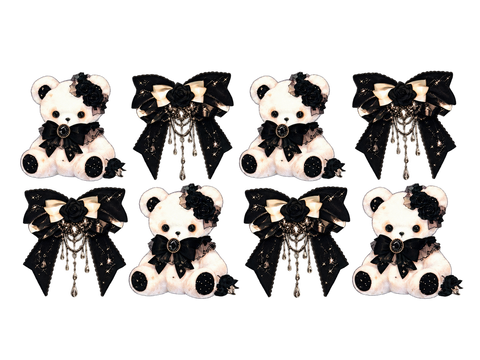 Ivory Teddy Bears & Black Lace Bows UV DTF Cup Wrap — Optional Cut-Apart Sheet