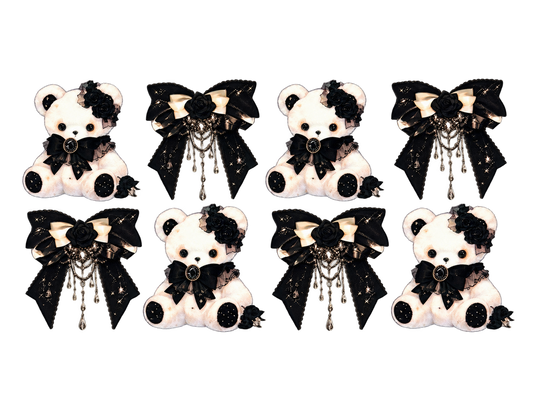 Ivory teddy bears and ornate black lace bows — complete UV DTF cup wrap
