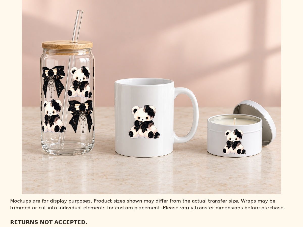 Ivory teddy bear UV DTF wrap on glass cup with optional cut-apart bear on mug and candle tin