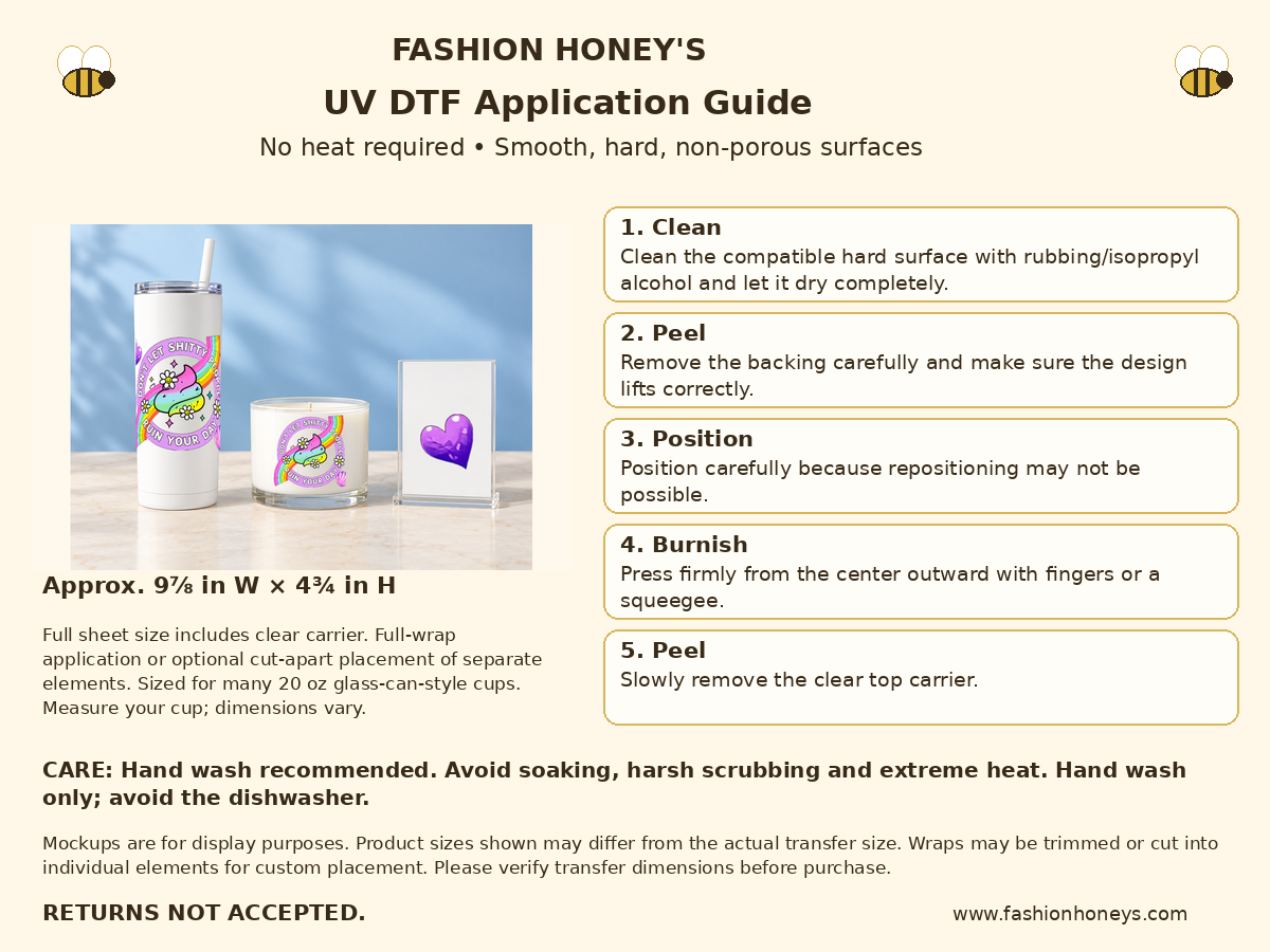 Fashion Honey's UV DTF application guide, no heat and full carrier sizing