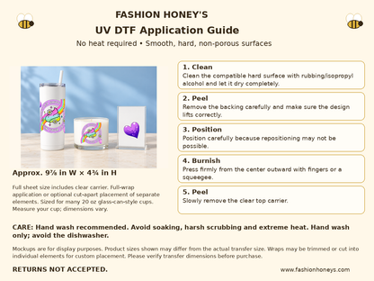 Fashion Honey's UV DTF application guide, no heat and full carrier sizing