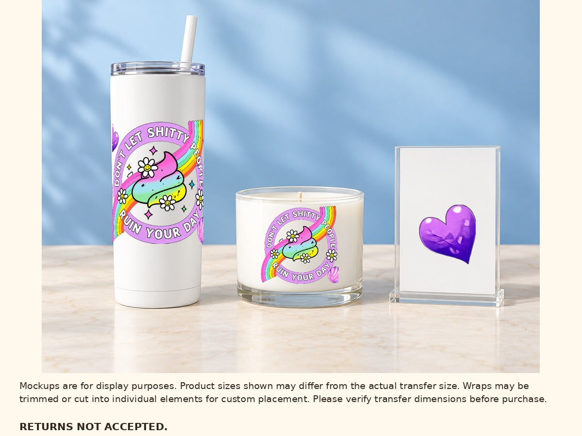 Approved pastel rainbow UV DTF artwork on tumbler, candle jar and acrylic sign