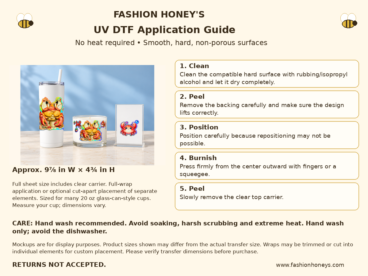 Holographic crab and ocean friends UV DTF transfer Application Guide