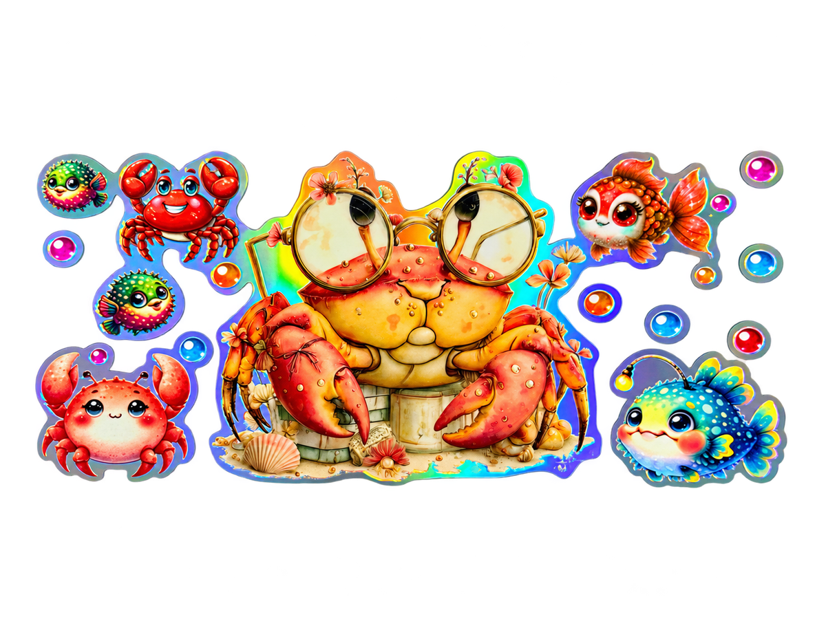 Holographic crab and ocean friends UV DTF transfer Hero 1200x900