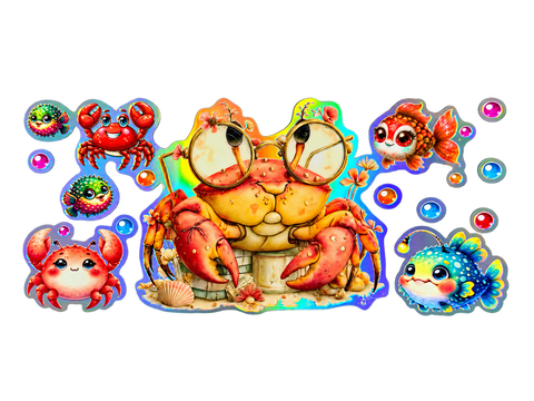 Holographic Crabs & Ocean Friends UV DTF Cup Wrap — Optional Cut-Apart Sheet