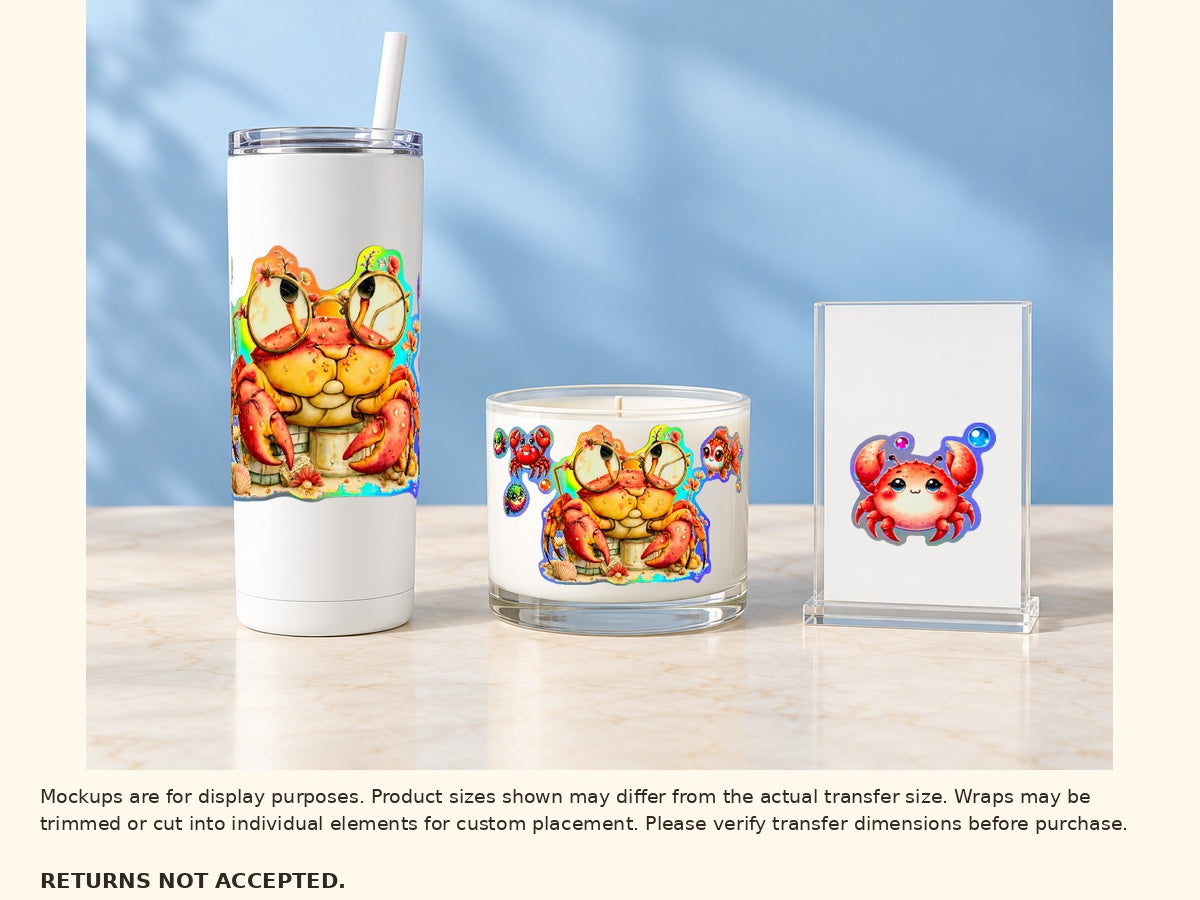 Holographic crab and ocean friends UV DTF transfer Lifestyle