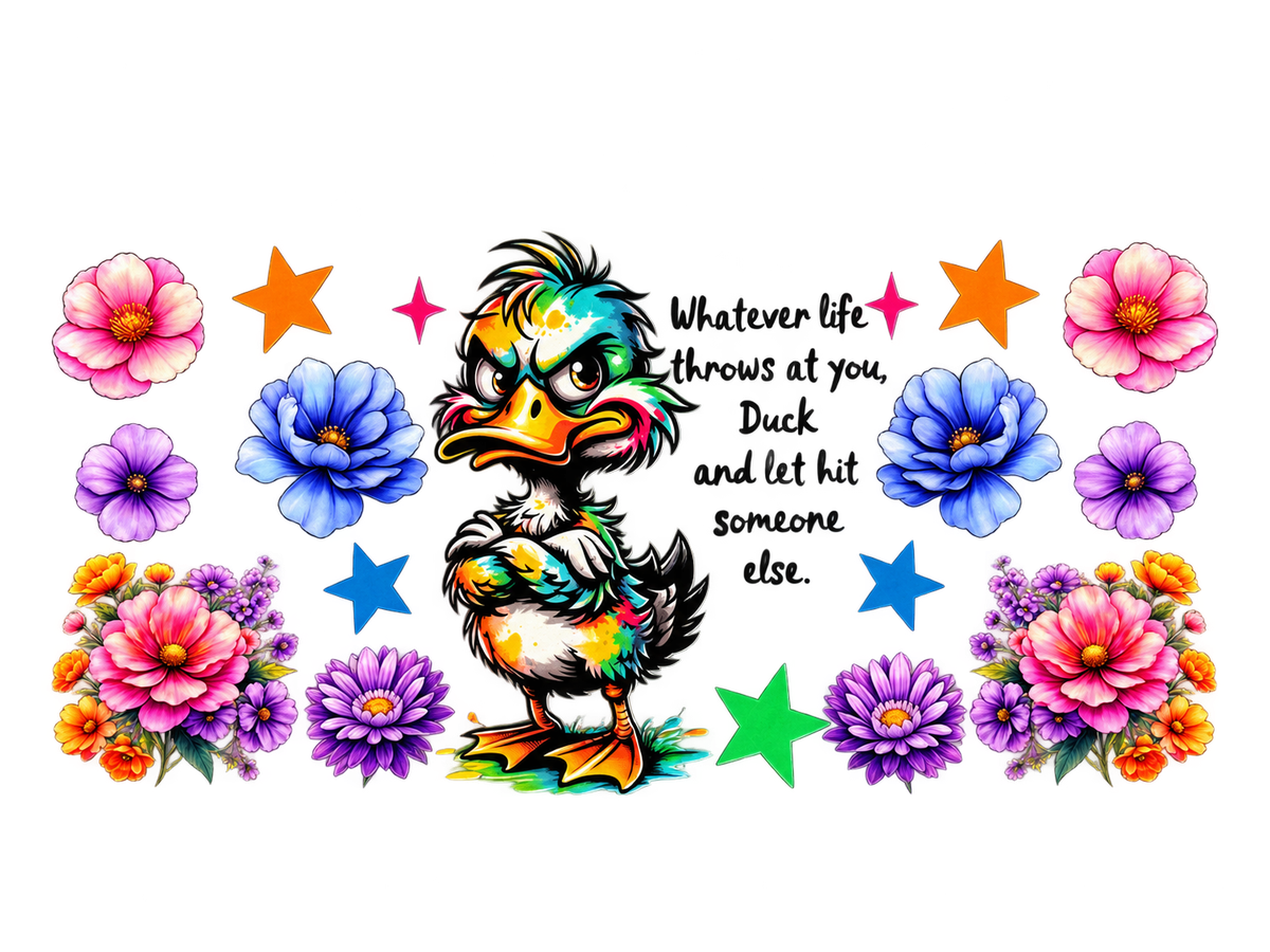 Colorful duck and floral UV DTF cup wrap Hero 1200x900