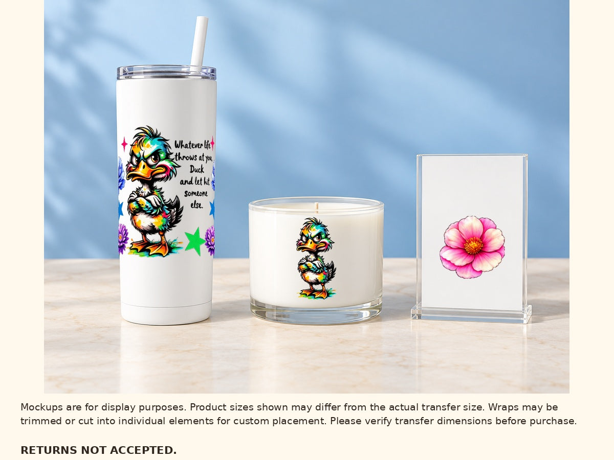 Colorful duck and floral UV DTF cup wrap Lifestyle
