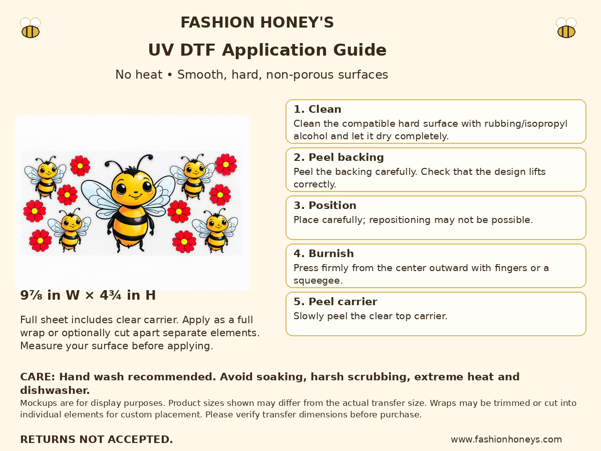 Bees and red flowers UV DTF cup wrap — Application Guide