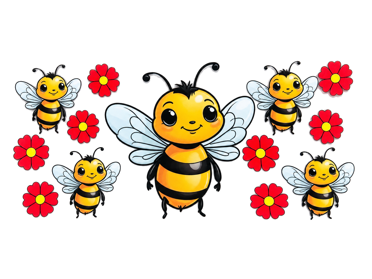 Yellow bees and red flowers UV DTF cup wrap, complete transfer sheet