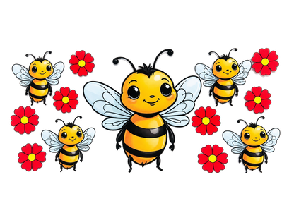 Yellow bees and red flowers UV DTF cup wrap, complete transfer sheet