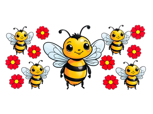 Yellow bees and red flowers UV DTF cup wrap, complete transfer sheet