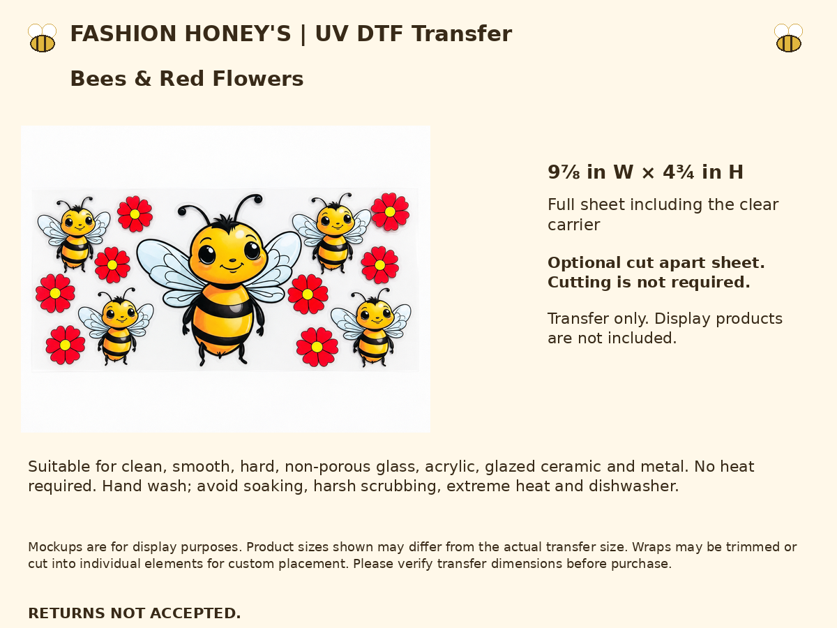Bees and red flowers UV DTF cup wrap — Size Warnings