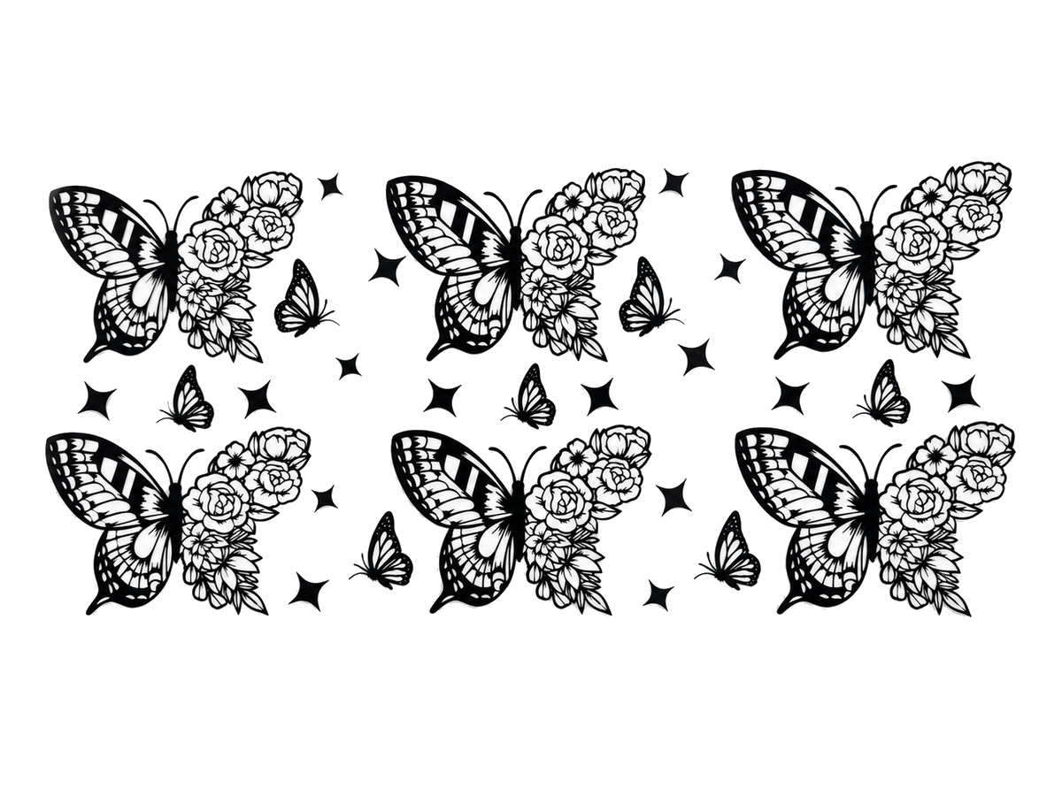 Black and white butterfly roses UV DTF cup wrap — Hero 1200x900