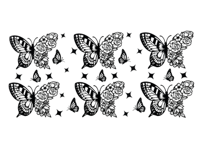 Black and white butterfly roses UV DTF cup wrap — Hero 1200x900