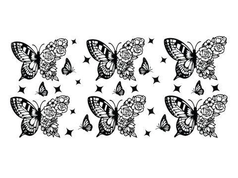Black & White Butterfly Roses UV DTF Cup Wrap — Optional Cut Apart Sheet