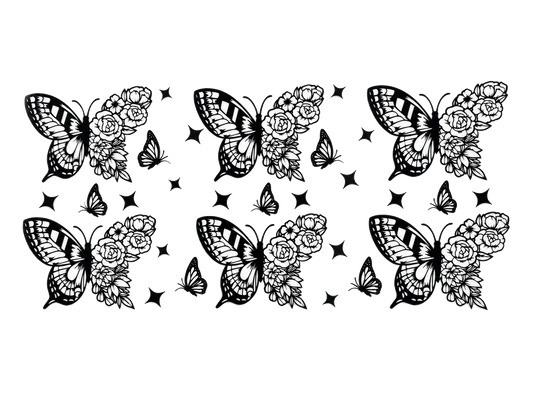 Black and white butterfly roses UV DTF cup wrap — Hero 1200x900