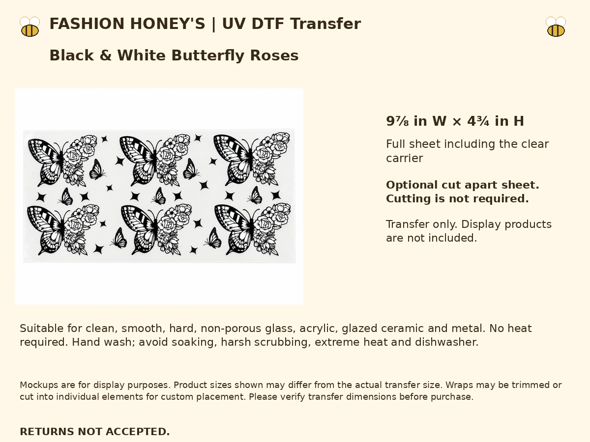 Black and white butterfly roses UV DTF cup wrap — Size Warnings