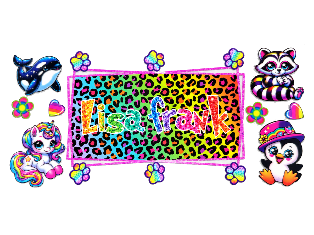 Lisa Frank rainbow animals UV DTF cup wrap — Hero 1200x900