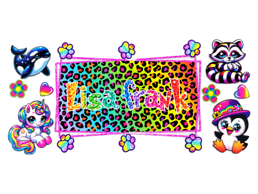 Lisa Frank rainbow animals UV DTF cup wrap — Hero 1200x900