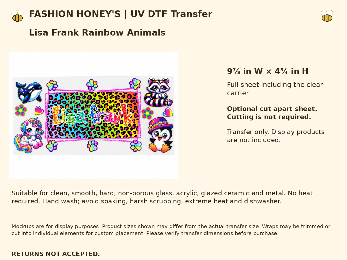 Lisa Frank rainbow animals UV DTF cup wrap — Size Warnings