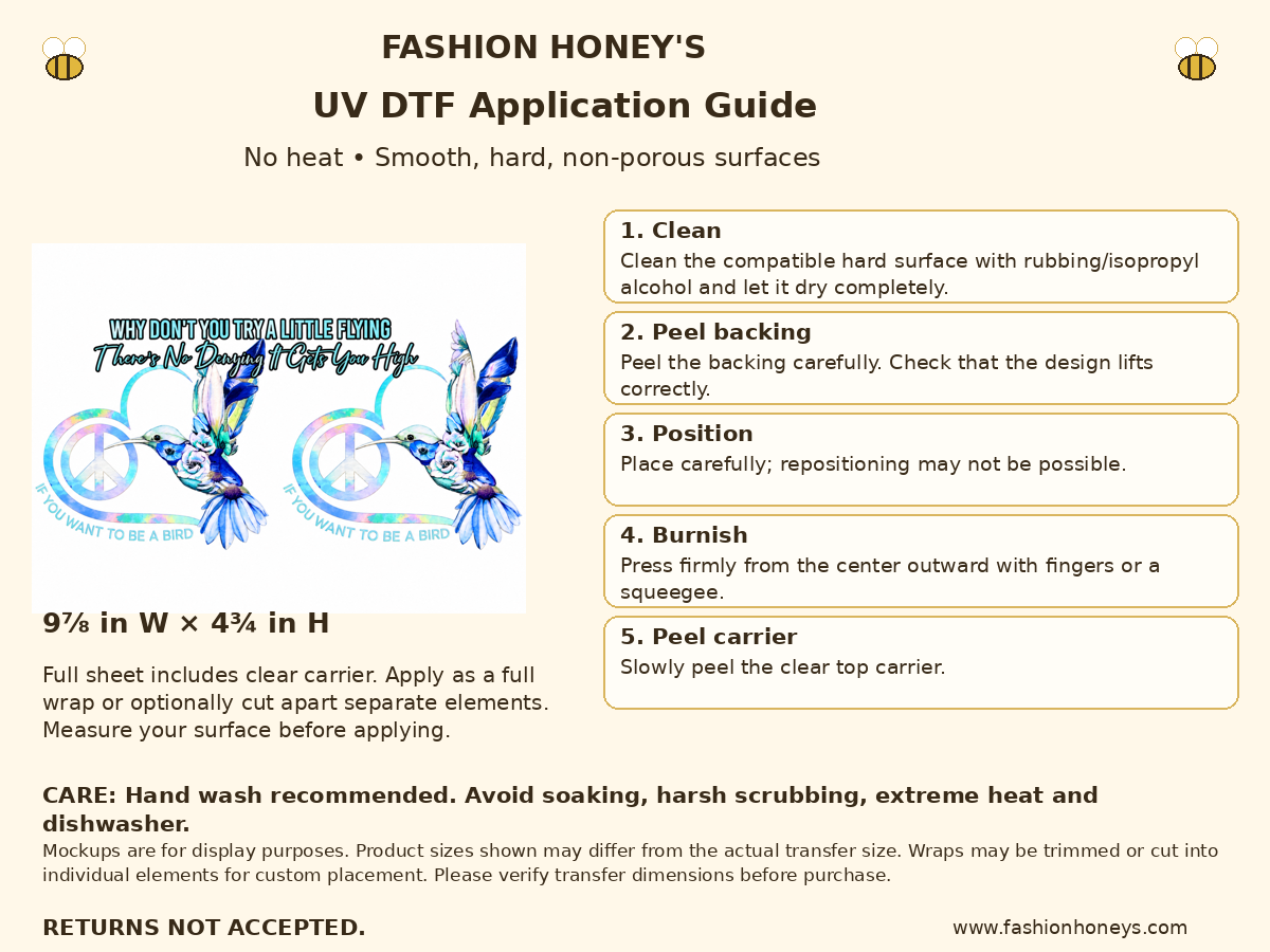 Hummingbird peace hearts UV DTF cup wrap — Application Guide