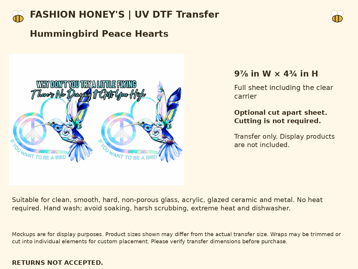 Hummingbird peace hearts UV DTF cup wrap — Size Warnings
