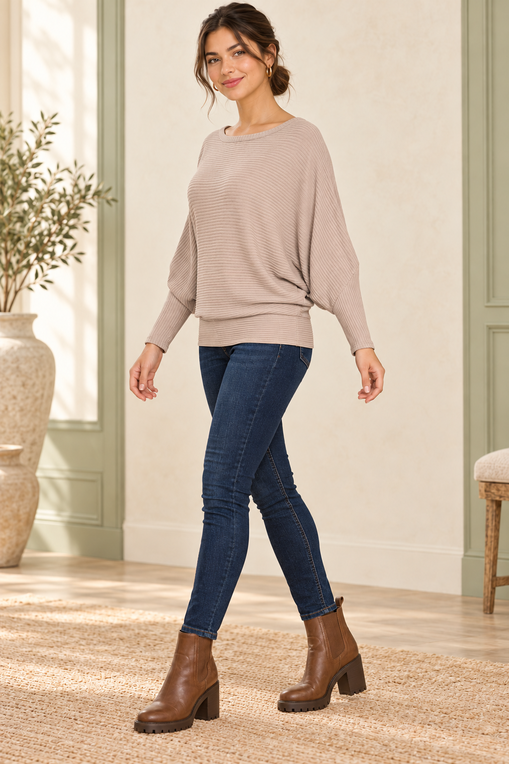 Zenana HW-2177D4 Ash Mocha ribbed batwing sweater — left view
