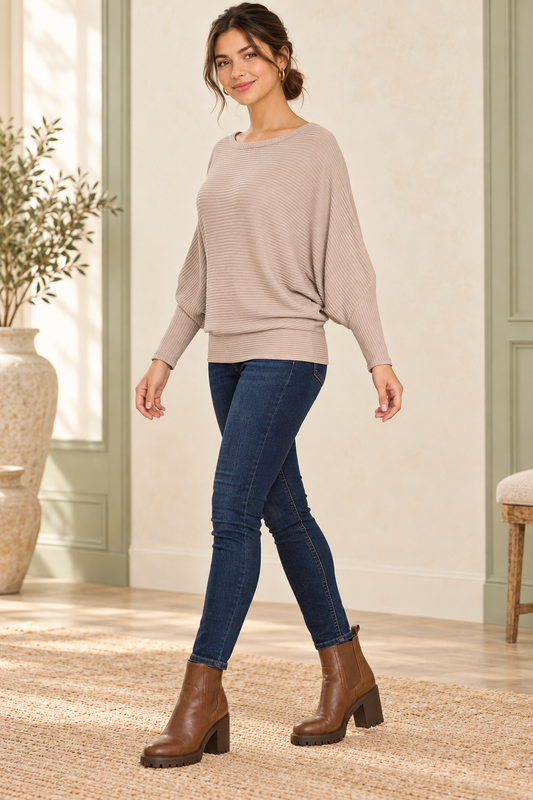 Zenana HW-2177D4 Ash Mocha ribbed batwing sweater — left view