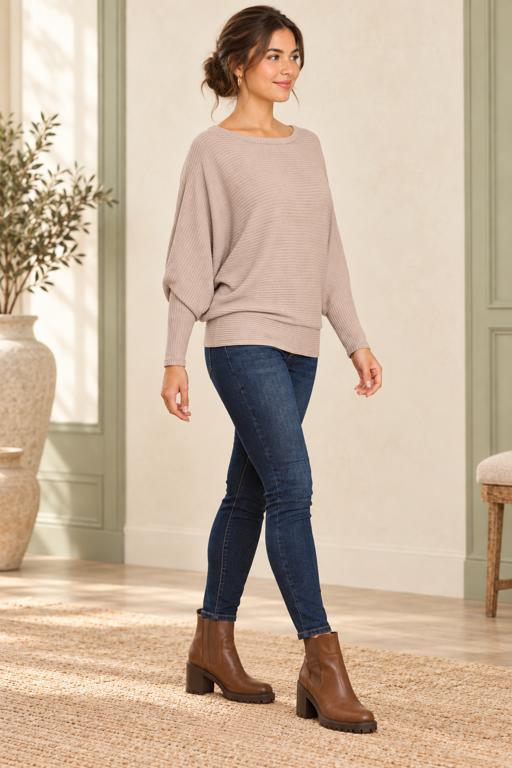 Zenana HW-2177D4 Ash Mocha ribbed batwing sweater — right view