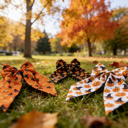 Three Halloween-themed fabric pet collars with decorative bows, displayed on grass in an autumn park setting with colorful fall trees in the background.