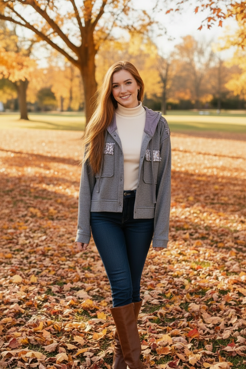 ALLIE Rose Ribbed Knit Sequin Hoodie – Button-Up