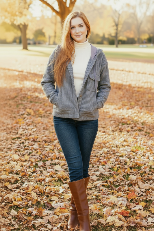 Front view of a gray ribbed sequin hoodie on a model