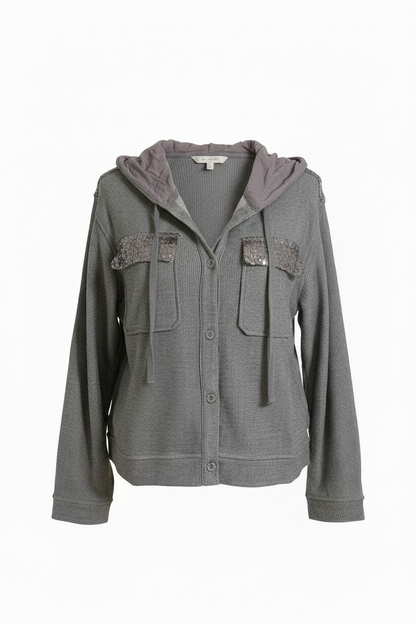 Gray ribbed knit zip hoodie with sequin pockets, front product view