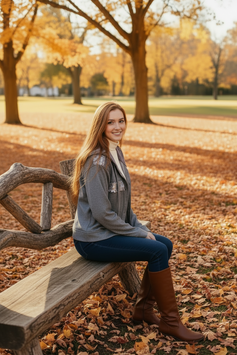 Gray ribbed sequin hoodie on a model seated on a park bench