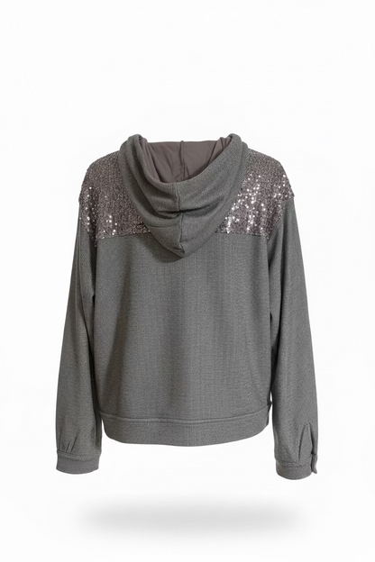 Gray ribbed knit hoodie with sequin back panel, back product view