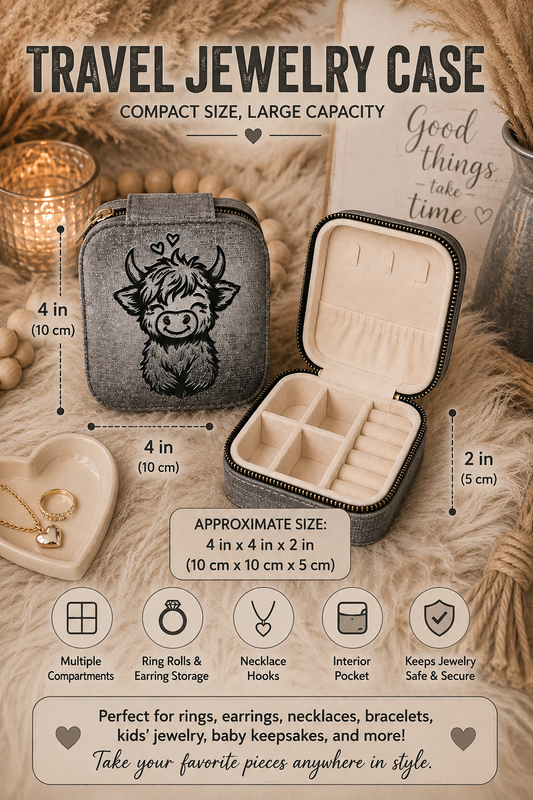 Shaggy Highland Cow Hearts Travel Jewelry Case