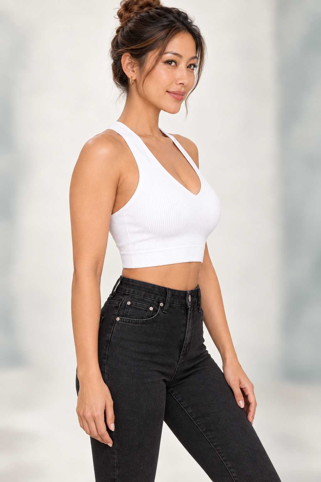 Zenana NT-6133A padded ribbed crop brami in White, right three-quarter front view