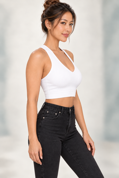 Zenana NT-6133A padded ribbed crop brami in White, right three-quarter front view
