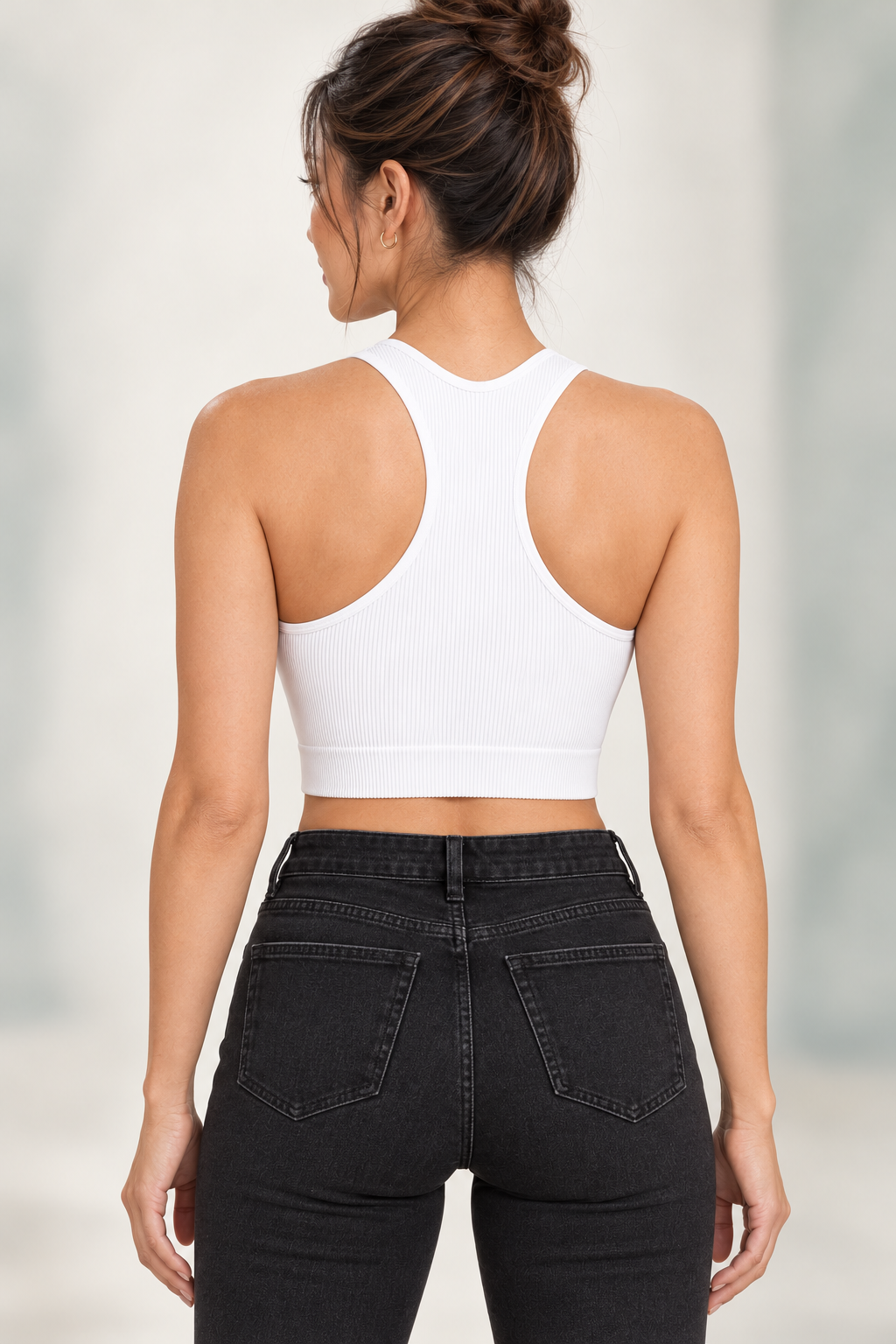 Zenana NT-6133A padded ribbed crop brami in White, racerback model view