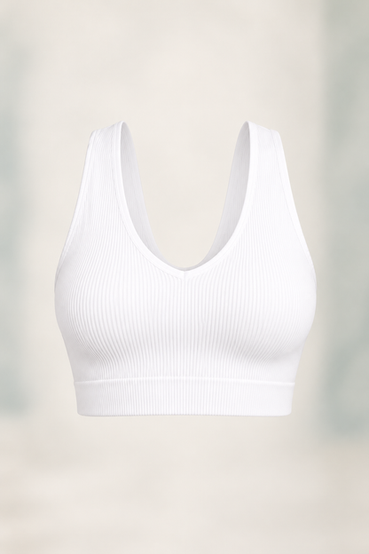 Zenana NT-6133A padded ribbed crop brami in White, front ghost mannequin view