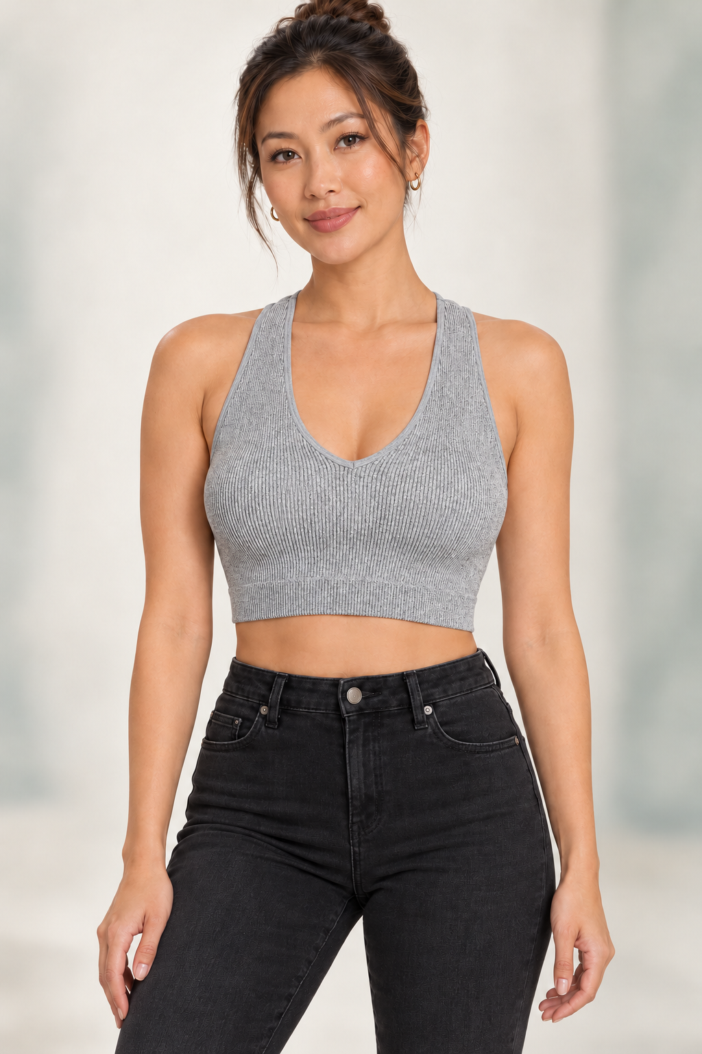 Zenana NT-6133A padded ribbed crop brami in Heather Gray, front view
